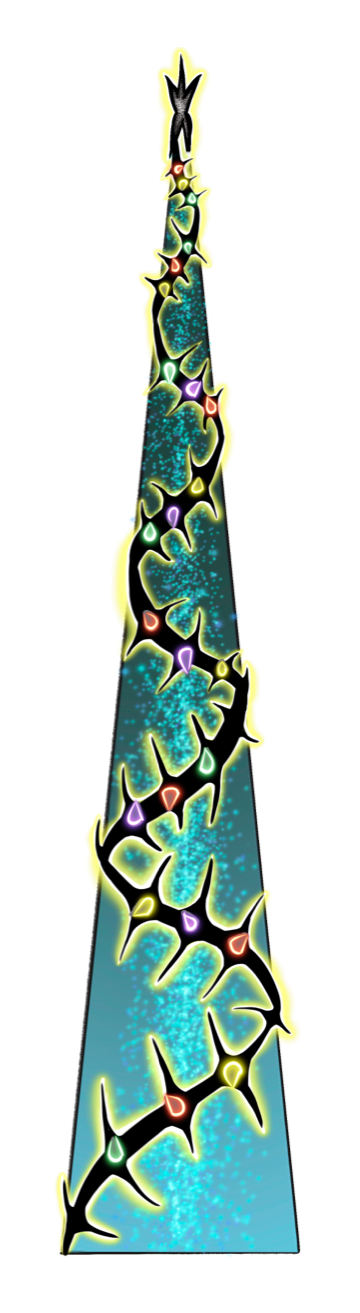 A distinctive ice-blue tree with a trail of black and yellow barbed tinsel leading up to a narrow star.