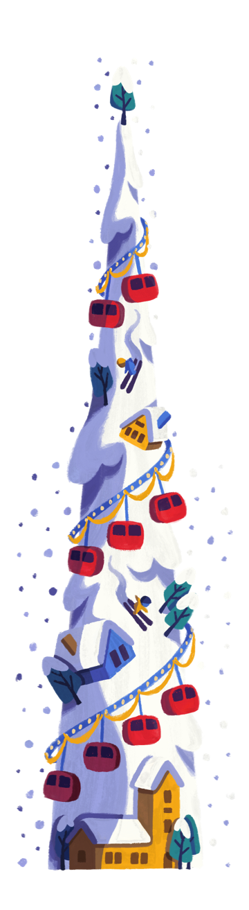 A wonderful, wintry tree laden with puffy white snow, and complete with cable cars and tiny skiers flying down the slopes.