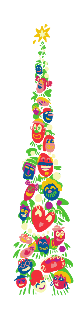 A tree made up of multicoloured baubles, each with a face and its own distinct character.