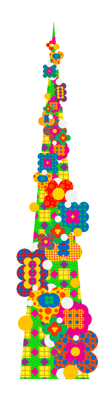 A kaleidoscopic tree made up of exotic, brightly-coloured flowers.