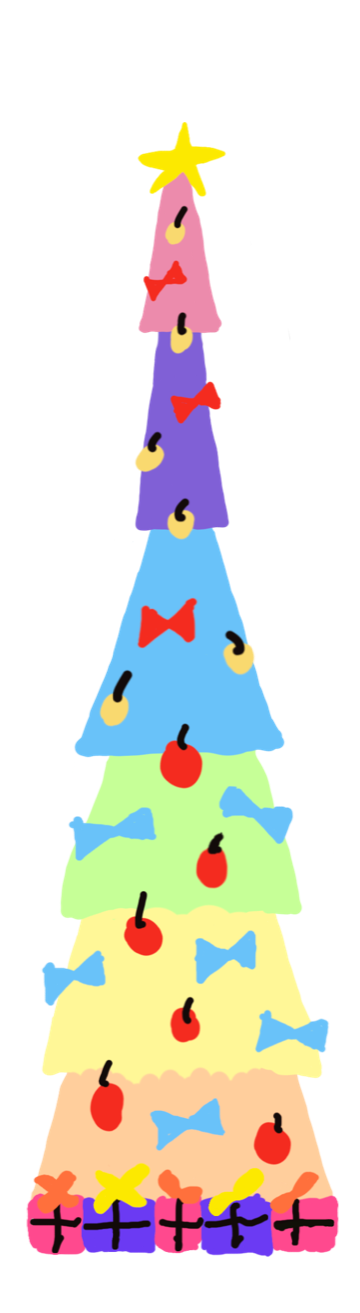 A multicoloured tree with multiple tiers, blue bows and cherry-like baubles, topped off with a simple yellow star.
