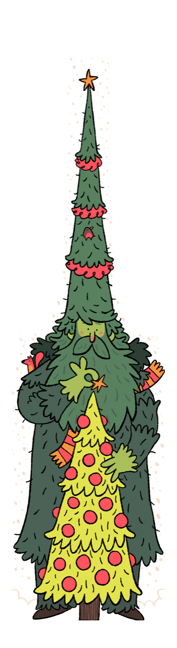 A fantasy-world giant of a tree with a long pointed hat, holding a Christmas tree of its own.