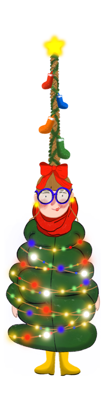 A tree composed of a smiling figure wrapped in Christmas lights, wearing a red bow and scarf and bright yellow boots.