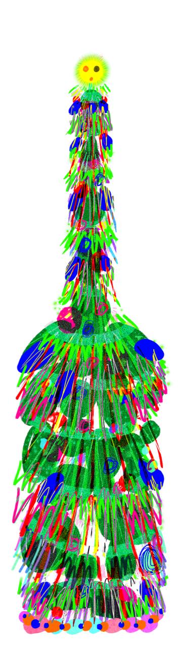 An otherworldly tree with a vessel-like form, composed of long, downward brushstrokes and squidgy blue dots.