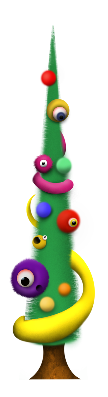 A playful tree decorated with colourful garlands and bubble-like baubles with one googly eye each.