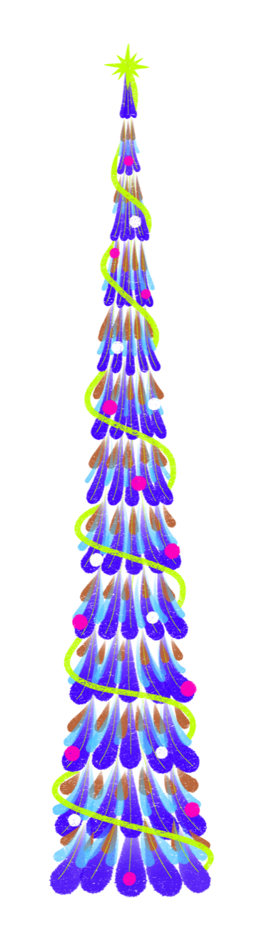 A reimagined Christmas tree using vibrant blue and green peacock feathers.