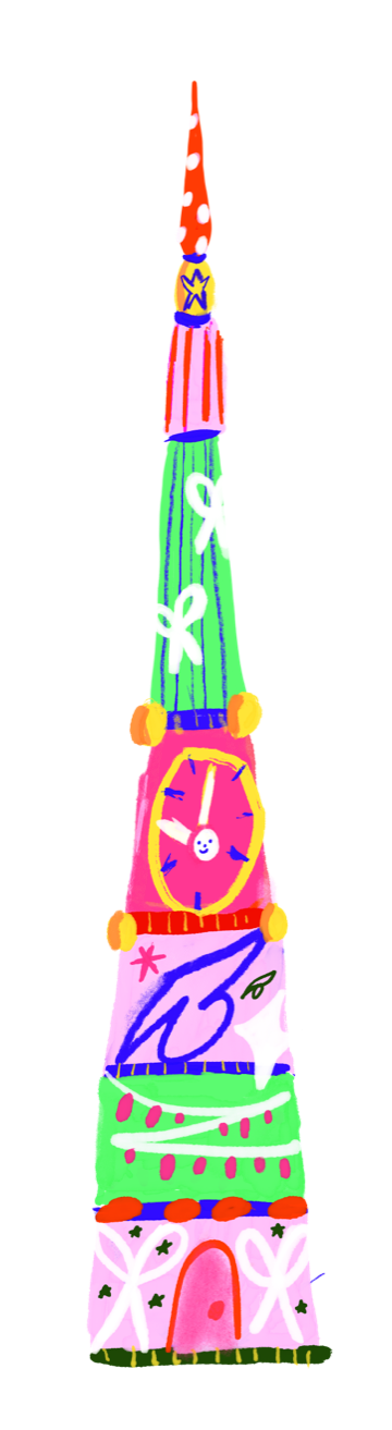 A cheerful, playful tree in bright layers with a red and white spotty tip.