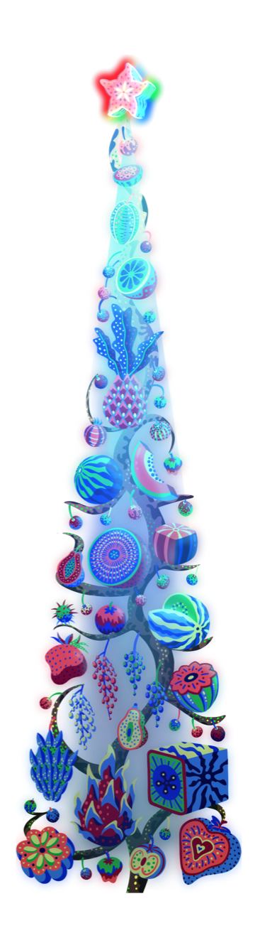 A blue, turquoise, purple and pink tree composed of multiple different fruits.