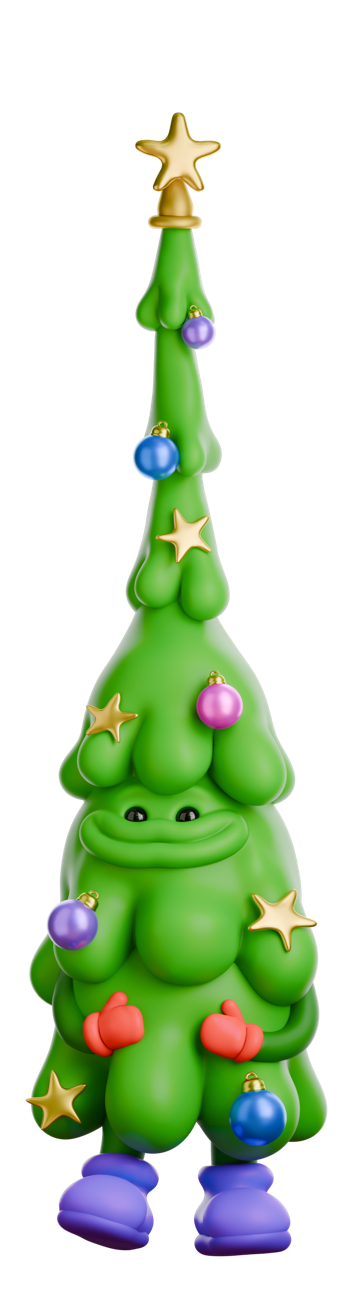 A cute, blobby green tree with purple feet, red mittened hands and a gold star on top.