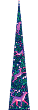 An elegant, delicate tree with pink and blue leopards and sparkling white lights.