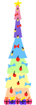 A multicoloured tree with multiple tiers, blue bows and cherry-like baubles, topped off with a simple yellow star.