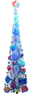 A blue, turquoise, purple and pink tree composed of multiple different fruits.