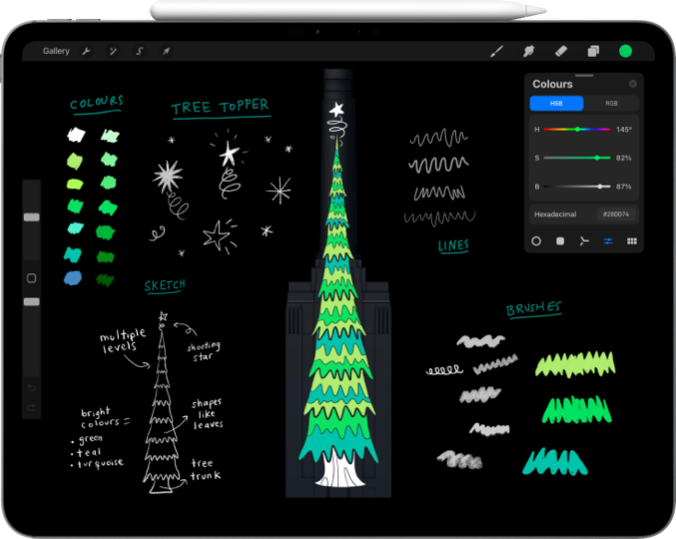 An iPad Pro showing a drawing of a magical tree, with an Apple Pencil Pro resting on top