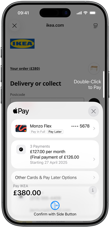iPhone shows shopping bag checkout screen. On the bottom half of the screen is an Apple Pay window with Pay Later via Monzo Flex selected as the payment option. The payer is being prompted to pay for their chosen goods by confirming the transaction with the side button.