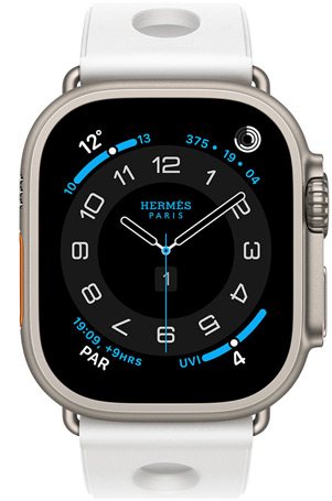 Apple Watch Hermès Ultra 3, titanium case, natural colour, Hermès Circulaire watch face, complications: weather, activity rings, Paris time, UV index, Scub’H Diving strap, blanc colour
