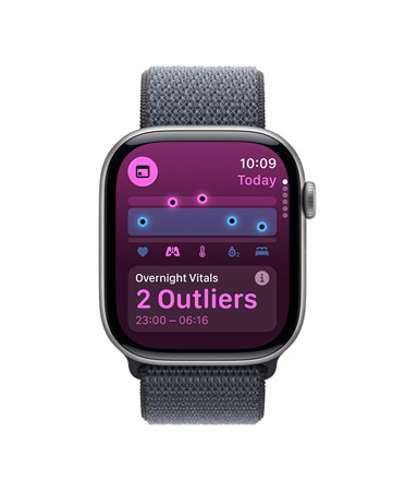 Apple Watch Series 11, space grey colour, aluminium case, Vitals app, health score chart, overnight vitals outliers notification, right side exterior, Digital Crown, Sport Loop, dark grey colour