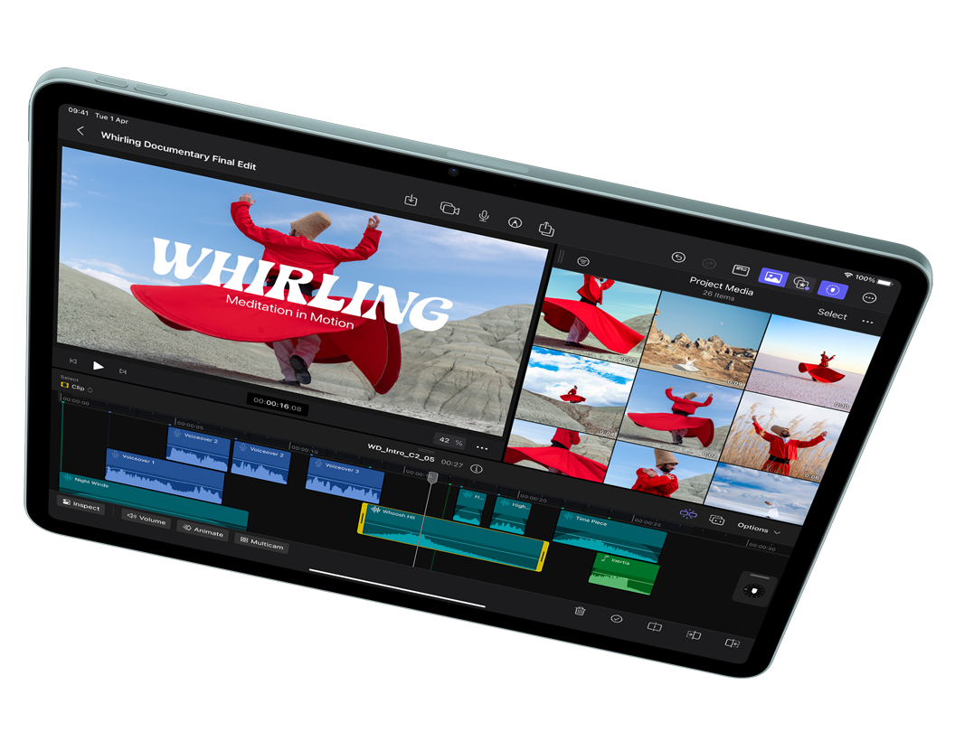 iPad Air in landscape orientation, showcasing video editing in Final Cut Pro