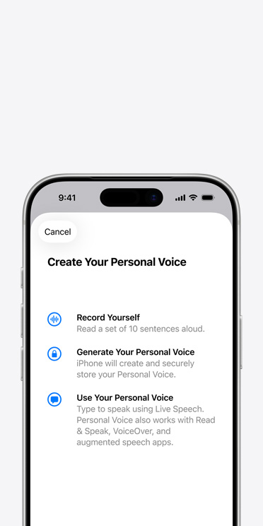 iPhone 17 Pro screen showing Personal Voice feature with instructions on how to create your Personal Voice