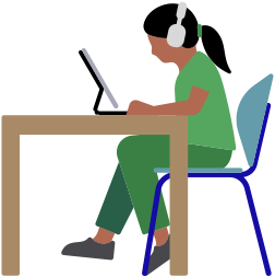 Une personne assise à un bureau porte des AirPods et utilise un iPad