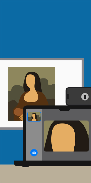 Animovaná ilustrace použití aplikace Lupa na obrazovce MacBooku – přiblížení portrétu Mony Lisy na tabuli ve třídě