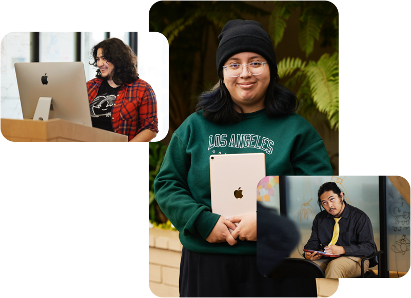 Tři fotky studentů z programu Exceptional Minds, jeden pracuje s Macem, další drží iPad zadní stranou směrem od sebe a další se dívá na model a přitom kreslí Apple Pencilem na obrazovce iPadu