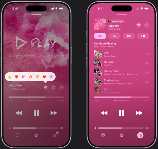 iPhone on left showing “Sapphire” by Ed Sheeran playing on iPhone screen with reaction emoji prompt showing options to thumbs up, heart, celebrate, thumbs down, or add another reaction. iPhone on right showing collaborative playlist called Hawaii Playlist with multiple songs added by other contributors