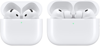 AirPods 4 og AirPods Pro 3 i etui med åbne låg