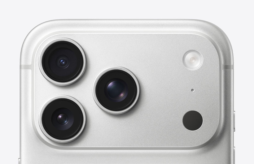 iPhone 17 Pro, silver, back exterior, pro camera system, three lenses, microphone, flash