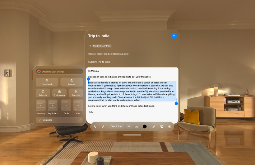 An email being written in the Mail app of Apple Vision Pro with Apple Intelligence Writing Tools being used to examine email language