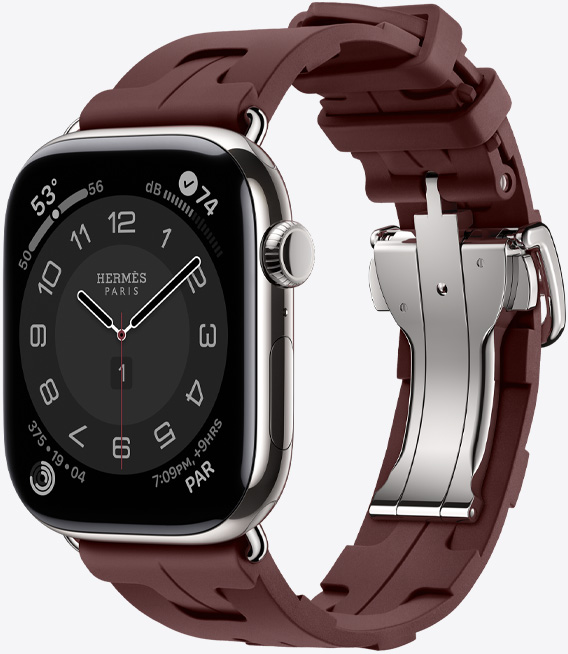 Apple Watch Hermès Series 11, titanium case, silver color, Kilim band, bordeaux color, silver quick-release metal buckle