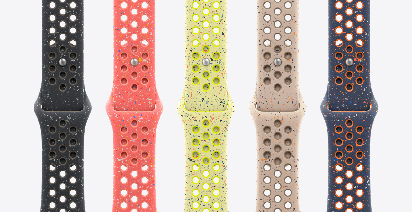 Five Nike Sport Bands in colors including Midnight Sky, Magic Ember, Volt Splash, Desert Stone, and Blue Flame