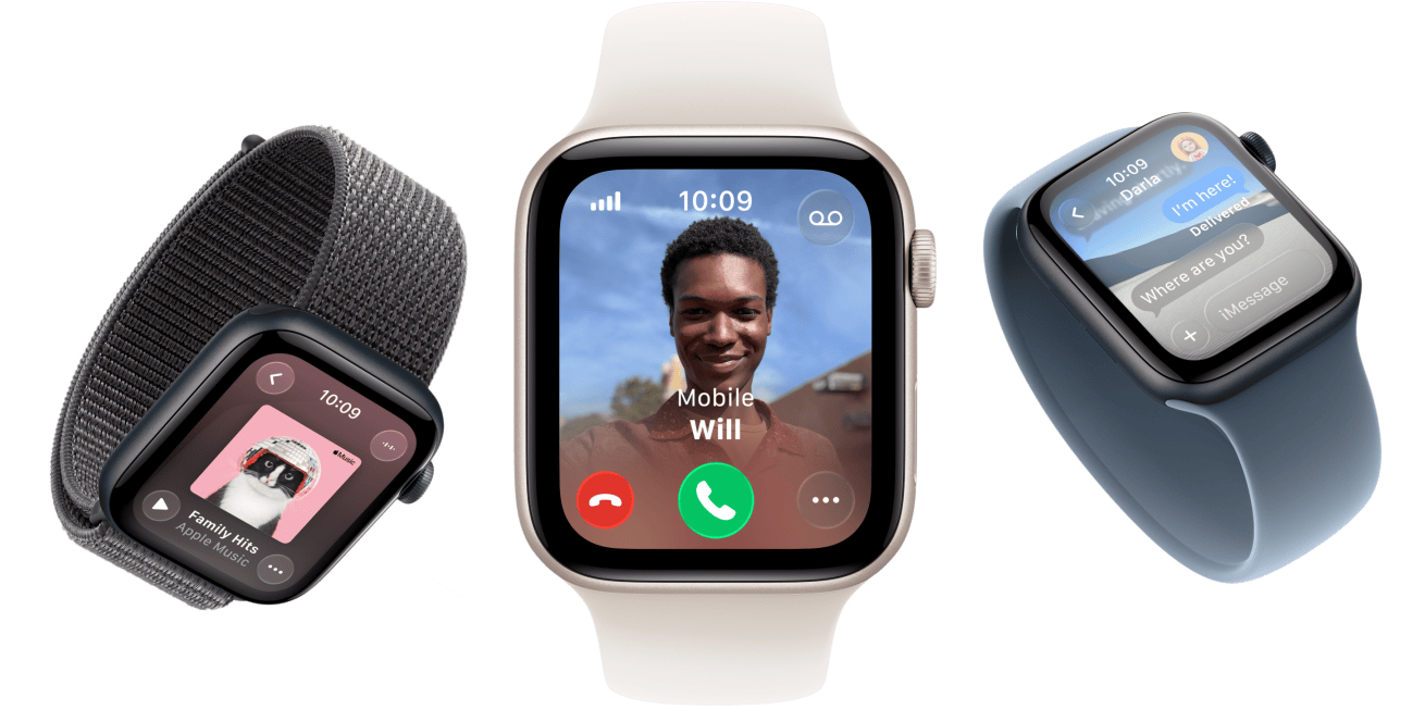 meerdere exemplaren van Apple Watch SE 3, kasten van aluminium, kleuren sterrenlicht en middernacht, gevlochten solobandje, kleur kurkuma, solobandje, kleur neongeel, geweven sportbandje, kleur donkergrijs, schermen: Apple Pay, Bedieningspaneel, Apple Music