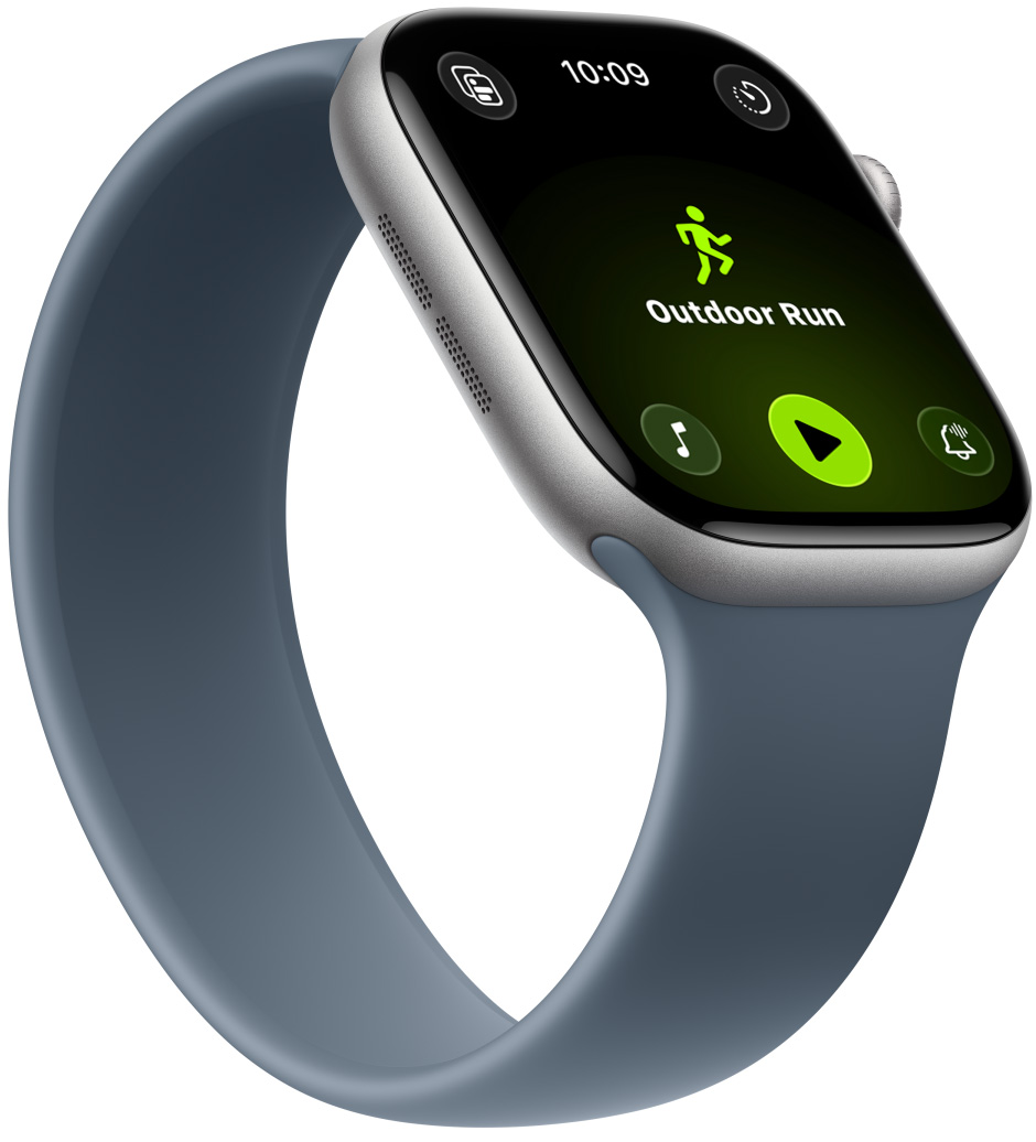 Apple Watch Series 11, Aluminiumgehäuse, Farbe Space Grau, Outdoor-Lauftraining, Apple Music Steuerelemente unten, Solo Loop, Farbe Maritimblau