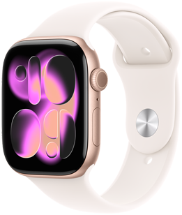 Apple Watch Series 11, caja de aluminio, color oro rosa, esfera Responsive Art, lateral derecho, Digital Crown, micrófono, botón lateral, correa deportiva, color rosa rubor, cierre de clip color plata