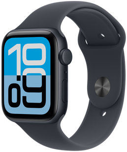 Apple Watch SE 3, caja de aluminio, color medianoche, esfera Flujo, lateral derecho, Digital Crown, micrófono, botón lateral, correa deportiva color medianoche, cierre de clip color plata