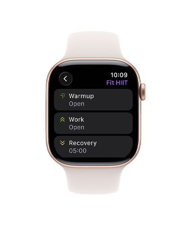 Apple Watch Series 11, Farbe Gold, Titangehäuse, Trainingsapp, Karte für eigenes Training, Armband, Sportarmband Blassrosa