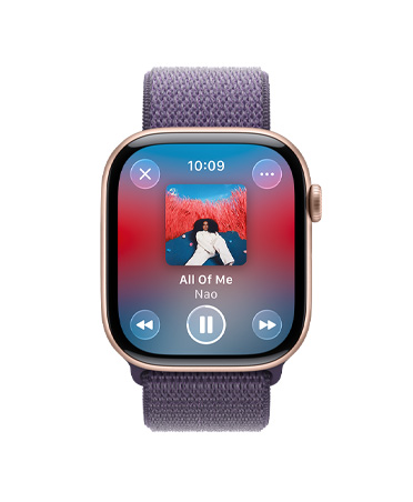 Apple Watch Series 11, caja de aluminio, color oro rosa, controles de Apple Music, playlist para entrenar, lateral derecho, Digital Crown, correa Loop deportiva color niebla lila
