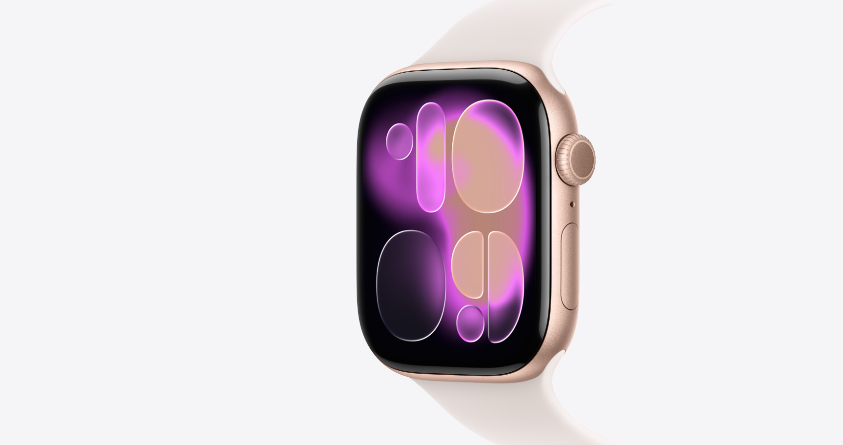 Apple Watch Series 11, caja de aluminio, color oro rosa, esfera Responsive Art, lateral derecho, Digital Crown, micrófono, botón lateral, correa deportiva, color rosa rubor