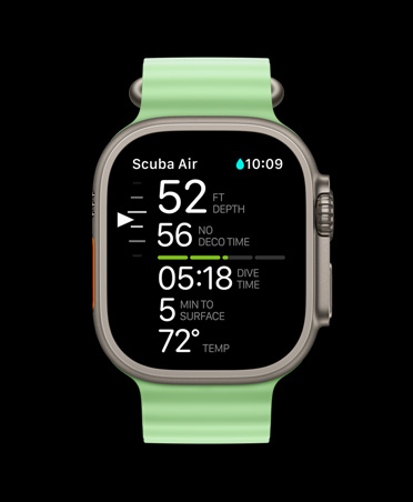 Apple Watch Ultra 3, warna alami, casing titanium, metrik menyelam Oceanic+: kedalaman, waktu dekompresi, waktu menyelam, menit menuju permukaan, suhu air, Tali Jam Ocean, warna hijau neon