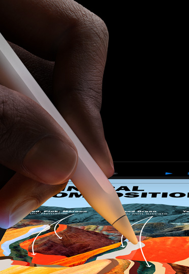 A close-up shot of an Apple Pencil Pro in hand. Displayed on the iPad screen is a presentation.