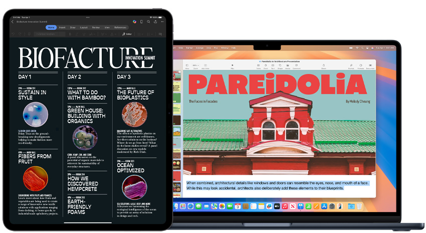 An iPad and MacBook displaying school projects.