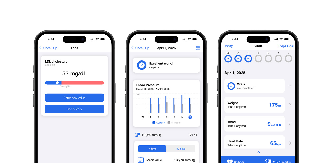 Funktioner i appen Corrie Health visas på en iPhone.