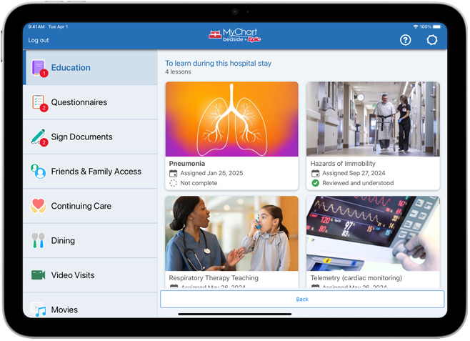 Mjukvaran Epic MyChart Bedside.