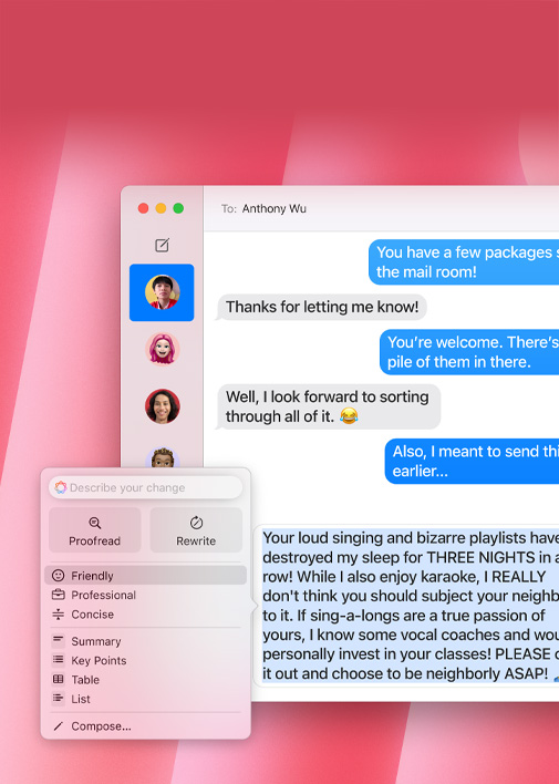 Eine Demonstration des Schreibwerkzeuge Features. Der erste Entwurf einer E‑Mail wird mit der Option „Professionell“ in eine Version umgewandelt, die professioneller klingt