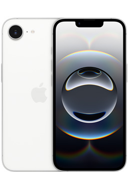 Vista frontal de un iPhone 16e blanco y vista parcial de la parte posterior de un iPhone 16e que muestra la cámara.