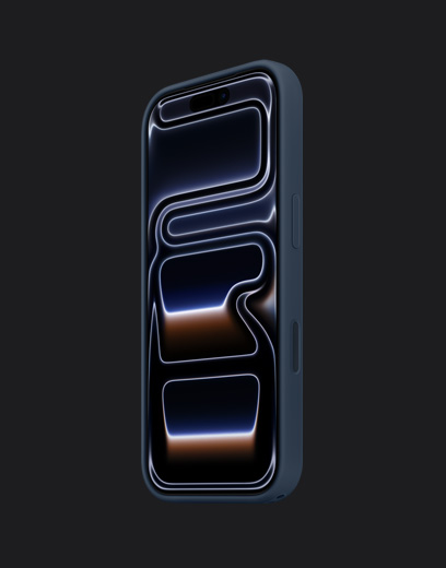 iPhone 17 Pro, μπροστινή εξωτερική όψη, φινίρισμα Βαθύ Μπλε, με θήκη σιλικόνης, χρώμα navy