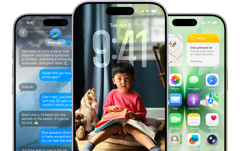 iPhone 17 devices, front exterior, colours: mist blue, lavender, sage, iOS features - Background with messages, Liquid Glass showing the Lock Screen and Home Screen with various apps displayed