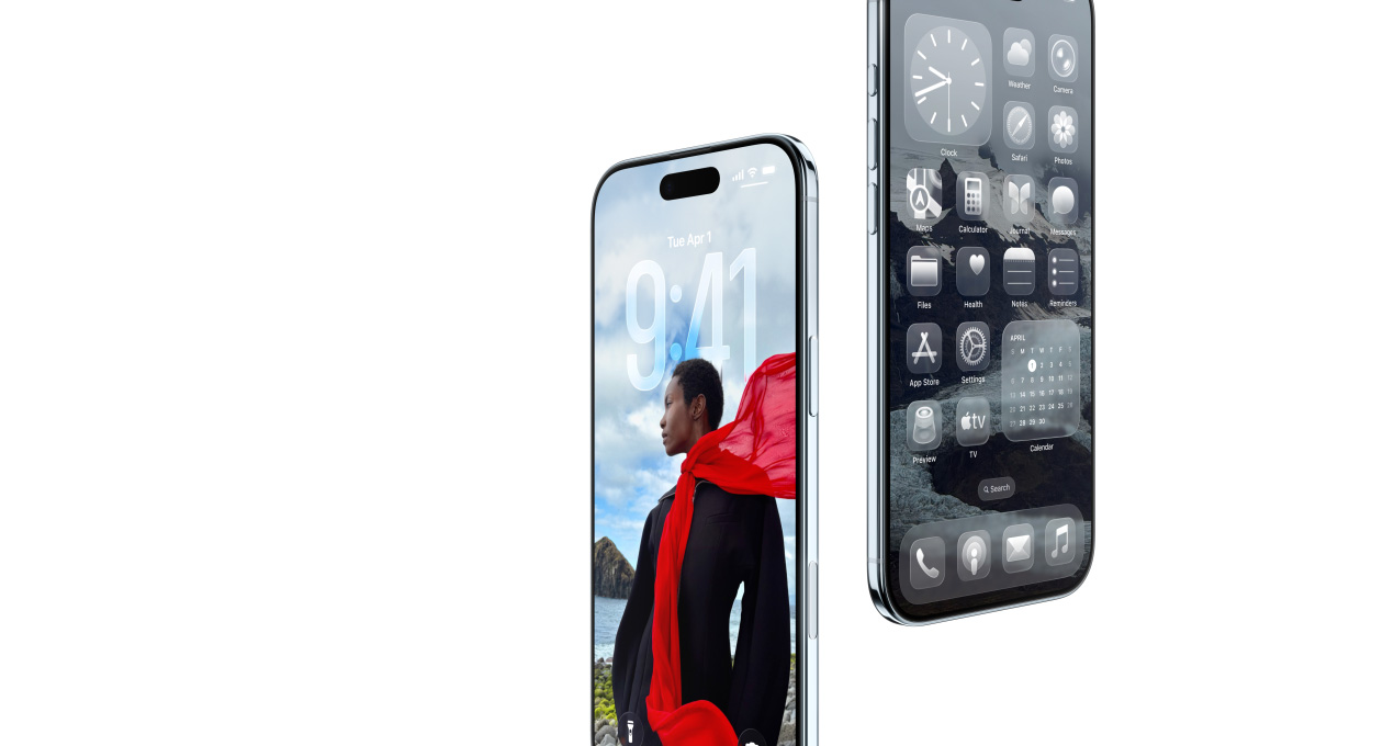 Deux iPhone Air, face avant, côté, profil fin, écran verrouillé dynamique, écran d’accueil avec apps Liquid Glass