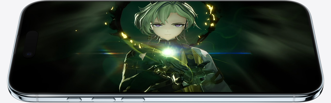 iPhone Air, parte frontal, parte lateral, se muestra la imagen estática de un juego, botones: Acción, volumen