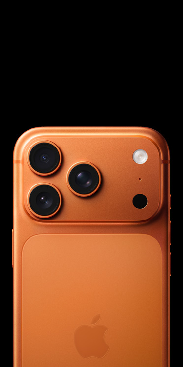 iPhone 17 Pro en acabado naranja cósmico, parte posterior que muestra el sistema de cámaras Pro, LiDAR, flash y micrófono.